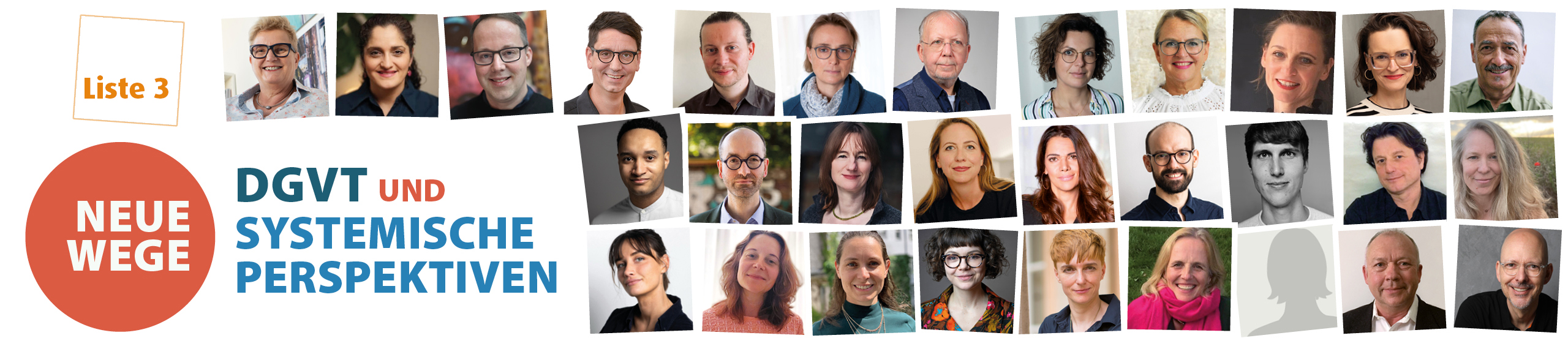 Liste 3: NEUE WEGE – DGVT und SYSTEMISCHE PERSPEKTIVEN Bildcollage aus den Kandidat*innen-Fotos der Liste "Liste NEUE WEGE – DGVT und SYSTEMISCHE PERSPEKTIVEN"